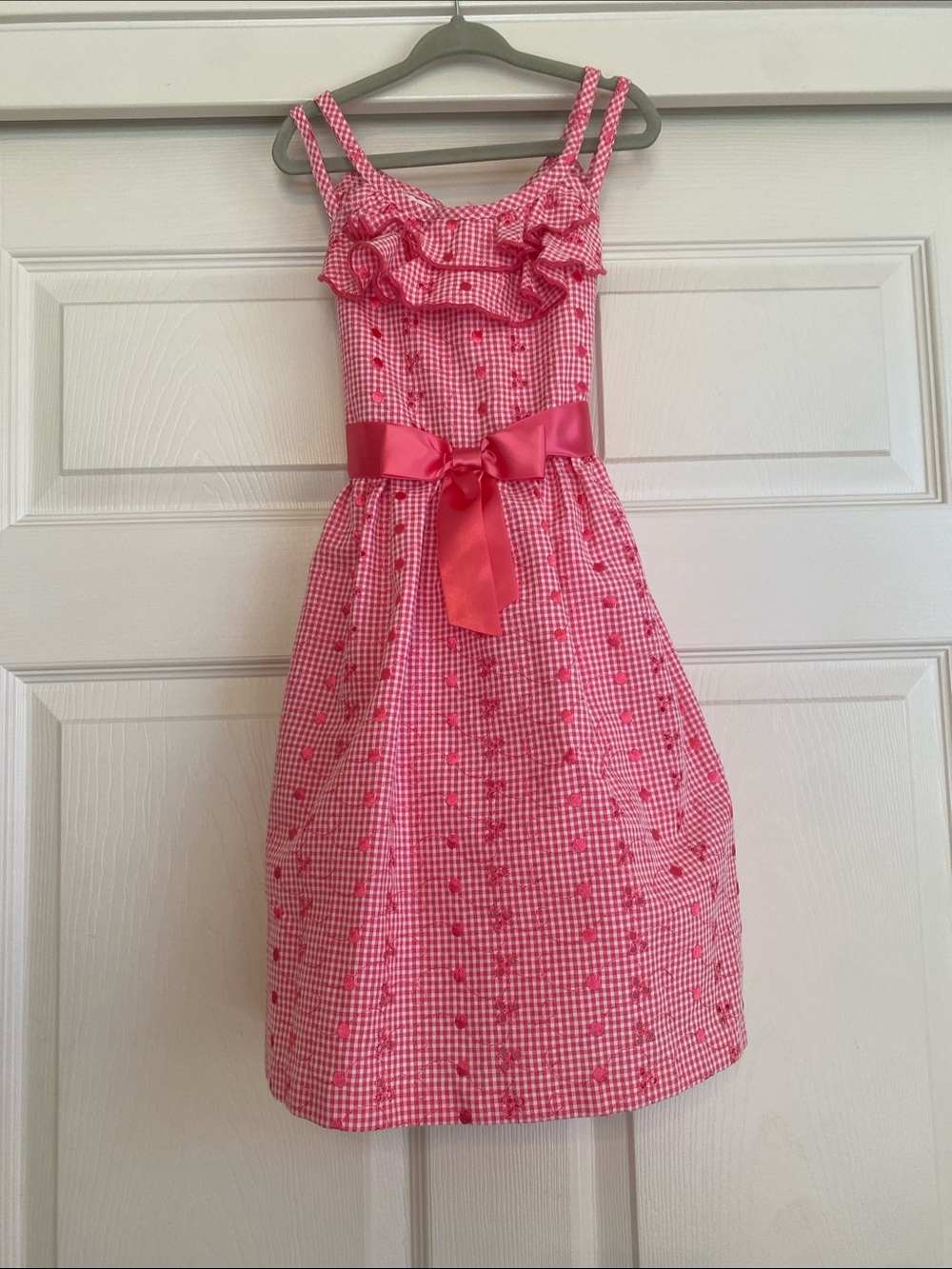 Bonnie Jean Pink Gingham Ruffle Strap Dress with Satin Waist Bow